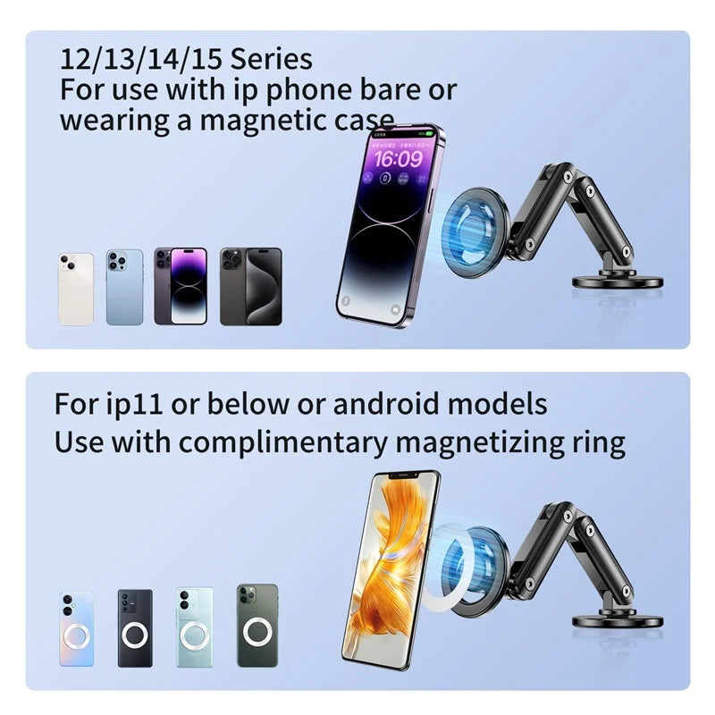 360° Magnetic Car Phone Mount – Foldable Alloy Holder for iPhone, Samsung & Xiaomi