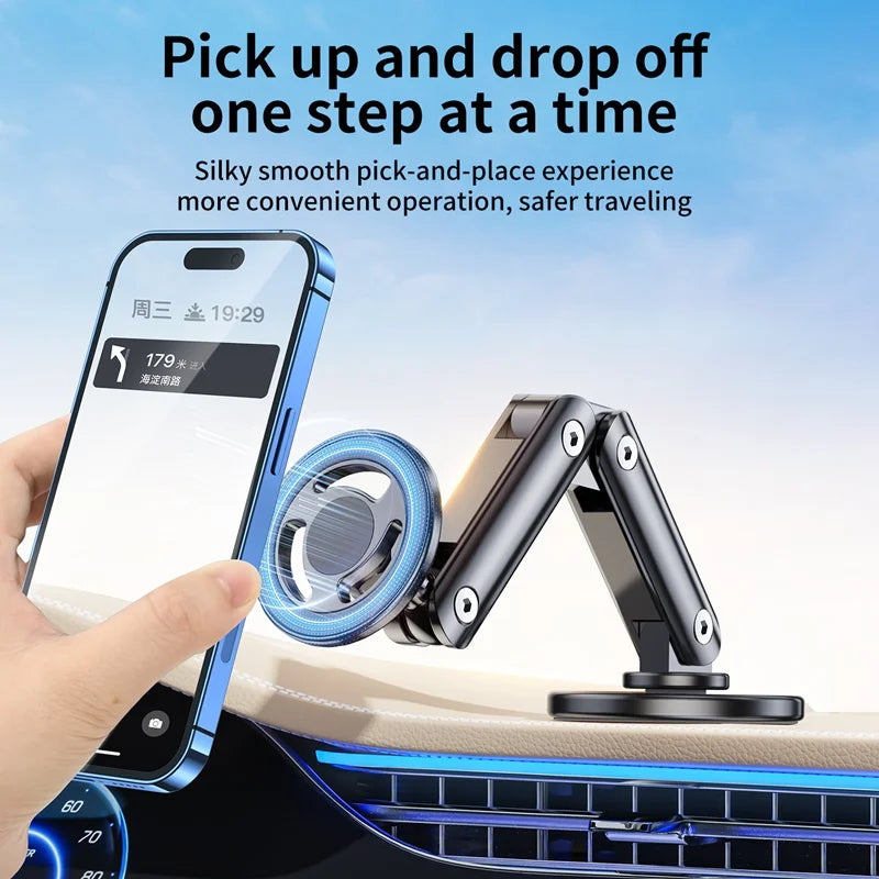 360° Magnetic Car Phone Mount – Foldable Alloy Holder for iPhone, Samsung & Xiaomi