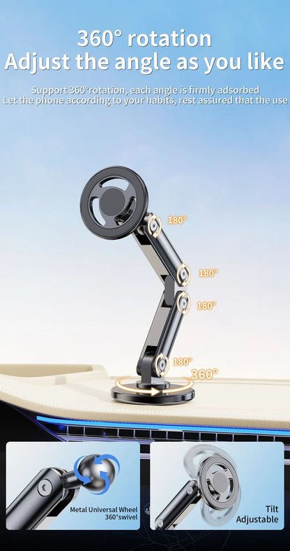 360° Magnetic Car Phone Mount – Foldable Alloy Holder for iPhone, Samsung & Xiaomi